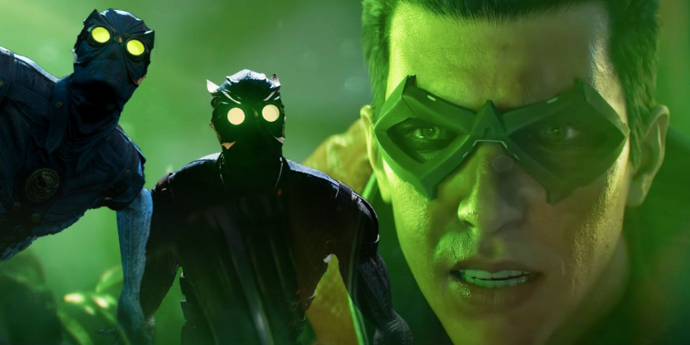 Image of Robin in Gotham Knights with two Talons from the Court of Owls to the left. Robin has a nervous expression as he is caked in green light.