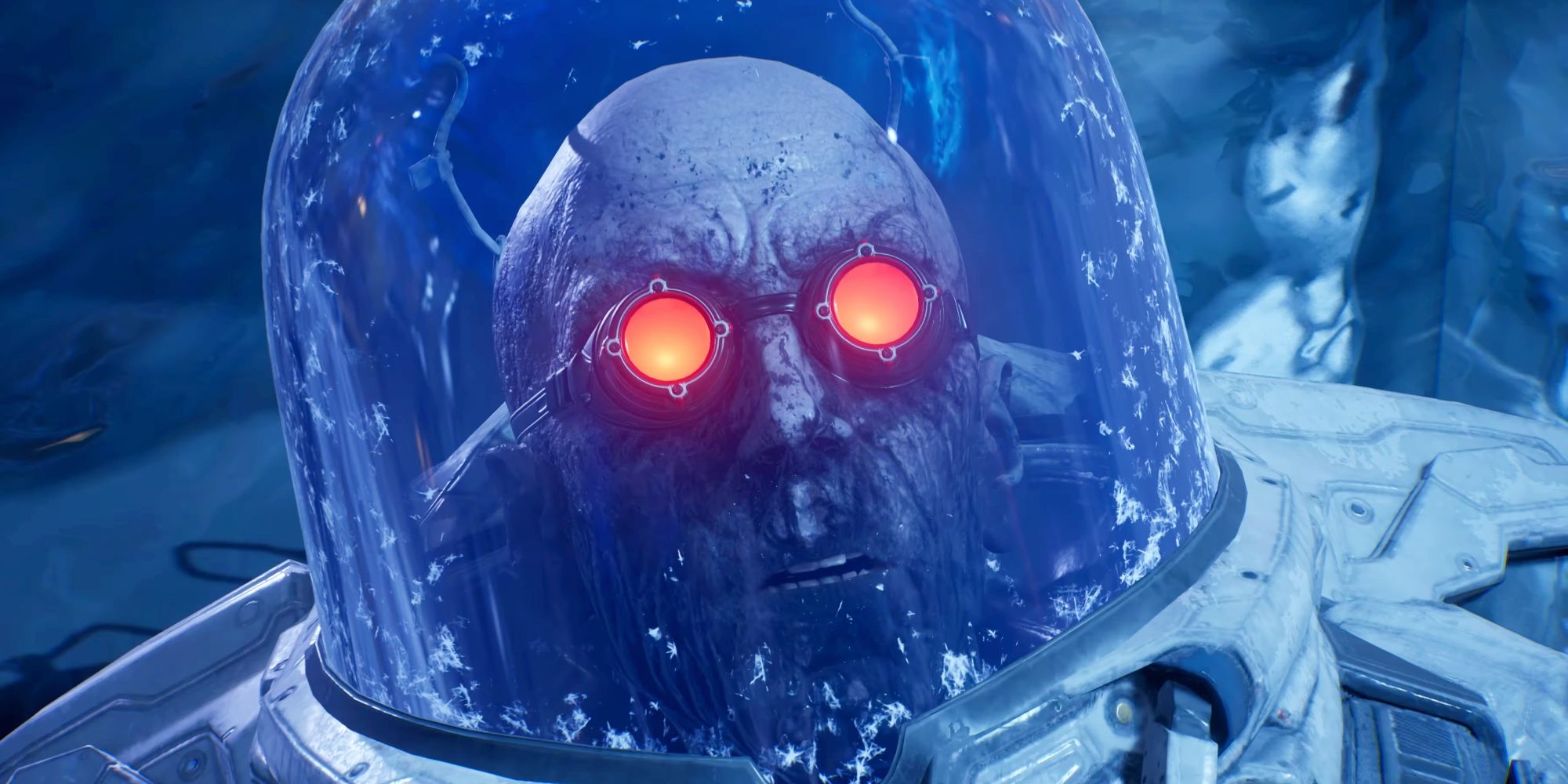 A close-up on Mr. Freeze's face in Gotham Knights, after his boss battle has been won.