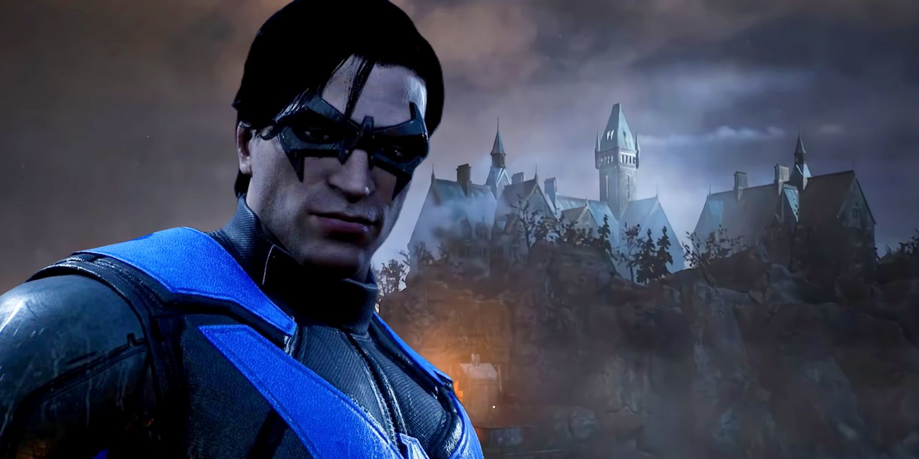 Gotham Knights' Nightwing in front of a background showing the game's version of Arkham Asylum.