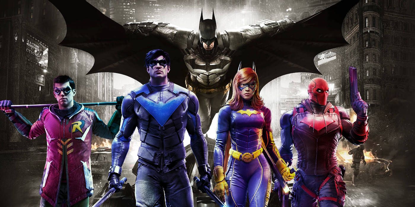 Os heróis de Gotham Knights Robin, Nightwing, Batgirl e Red Hood na frente de Batman e o Batmóvel de Arkham Knight