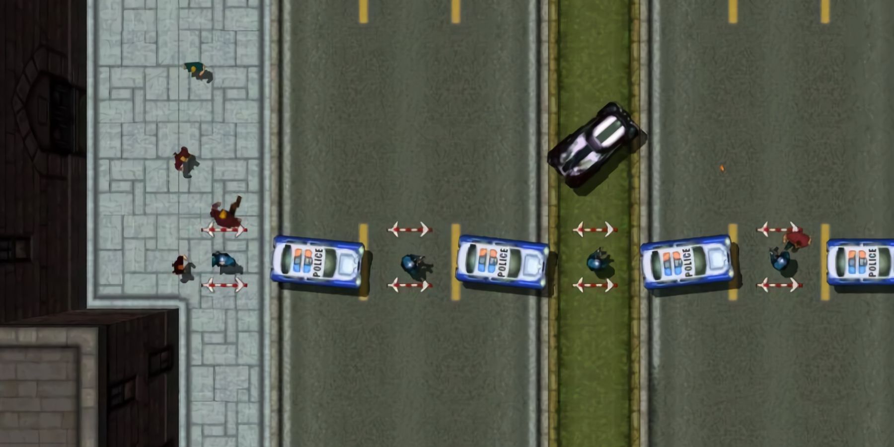 A road block set up by police in Grand Theft Auto 2.