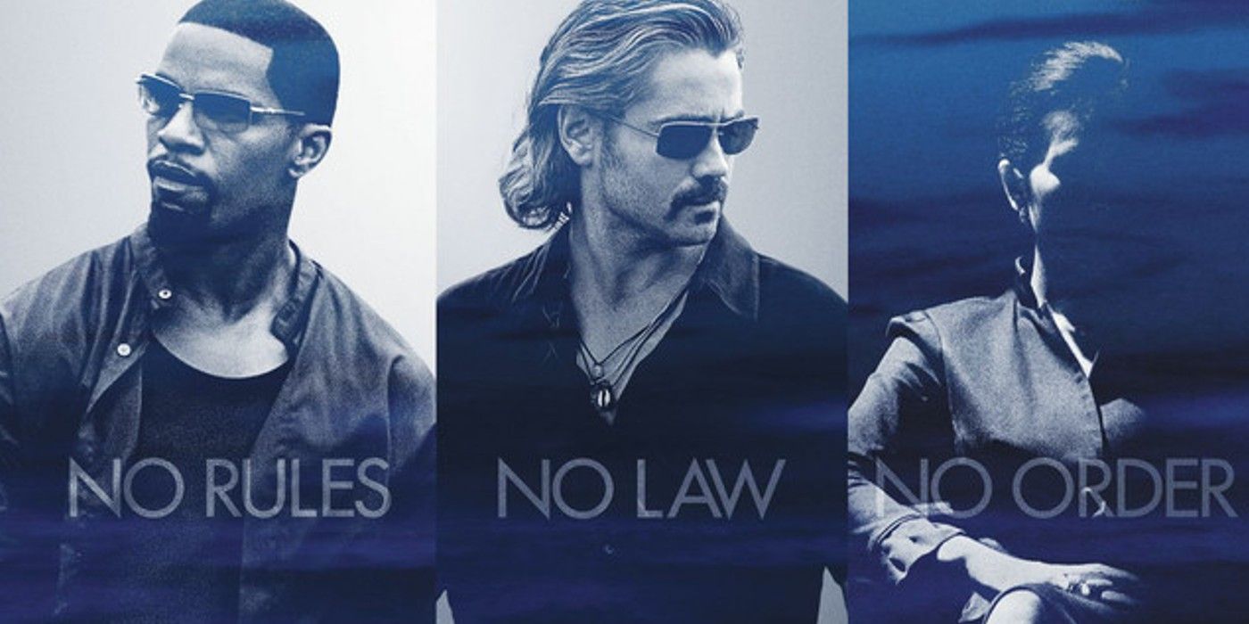 Imagem promocional mostrando os personagens principais do Miami Vice de Michael Mann em 2006.