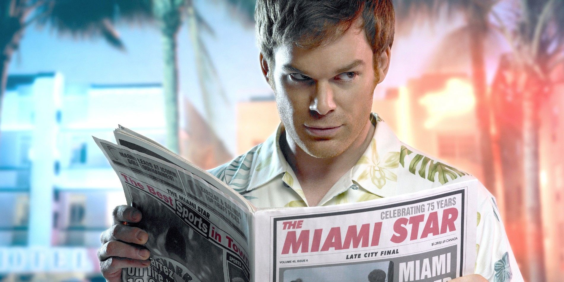 Personagem de TV homônimo Dexter lendo o Miami Star.