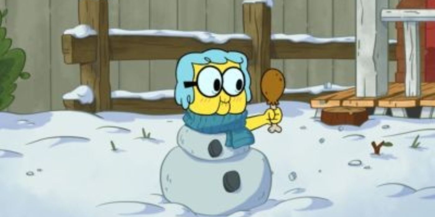 Grandma Chibi in Big City Greens holds a turkey drumstick while inside a snowman. 