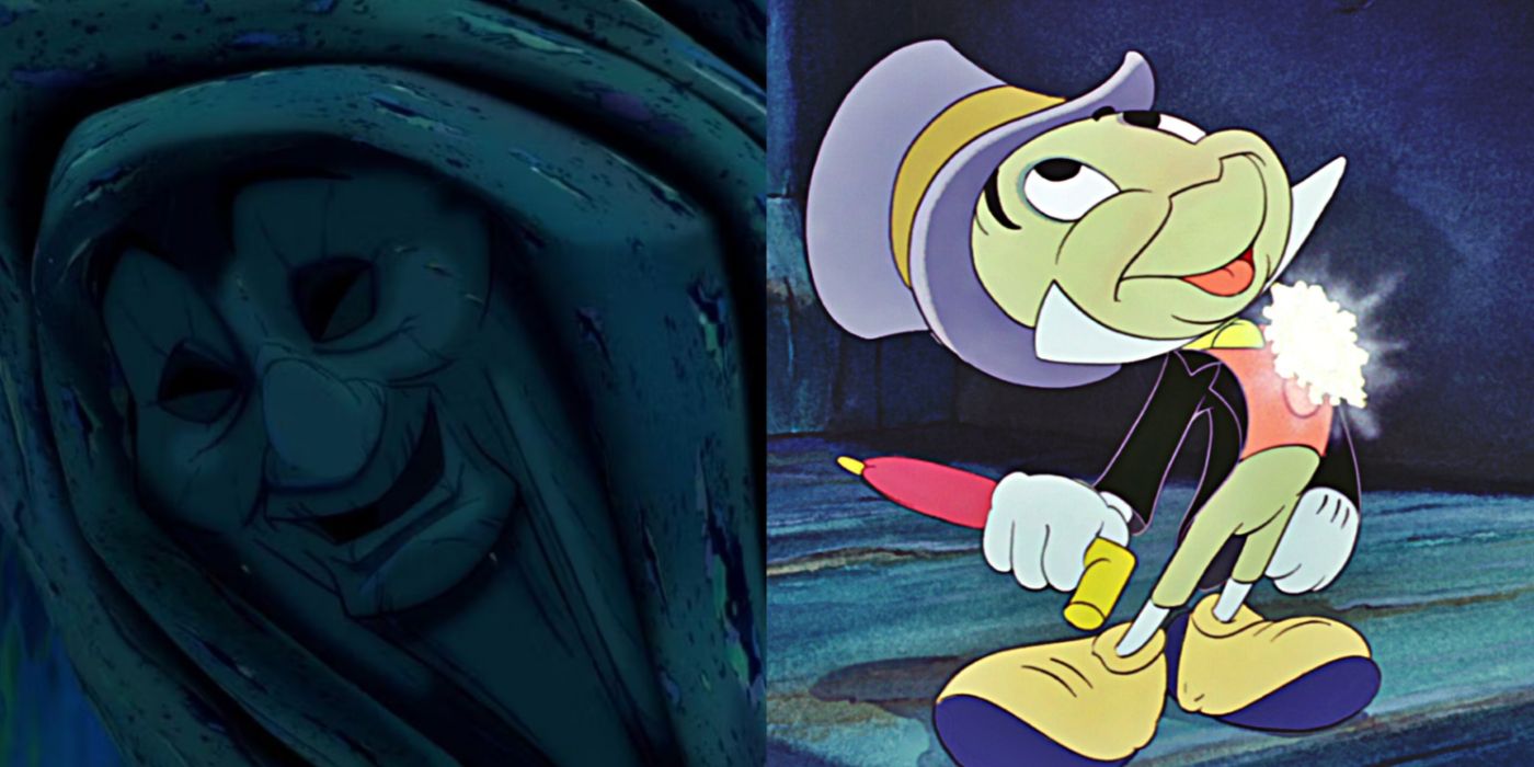 A split image features Grandmother Willow in Pocahontas and Jiminy Cricket in Pinochio