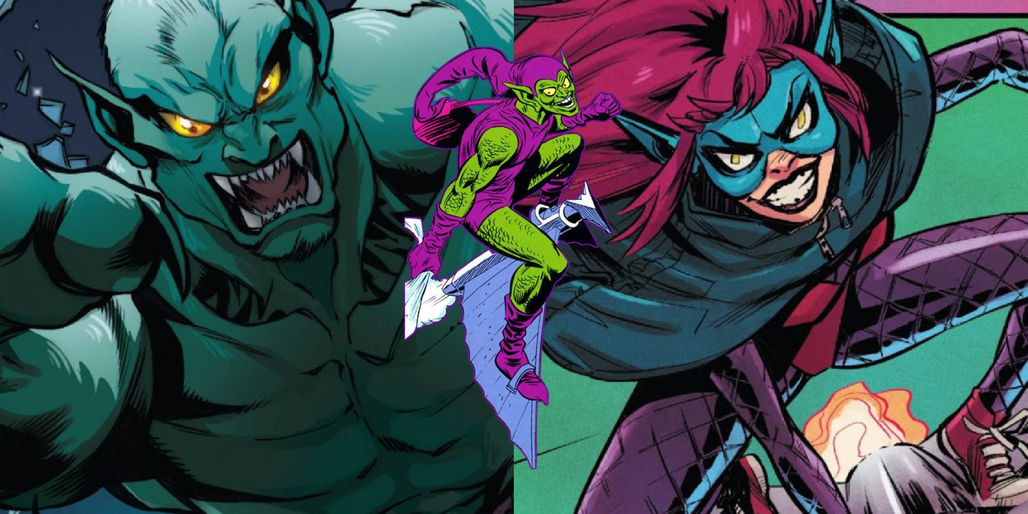 Split image of Goblin By Night, Green Goblin, and Gwen Stacy as Green Goblin in Marvel Comics.