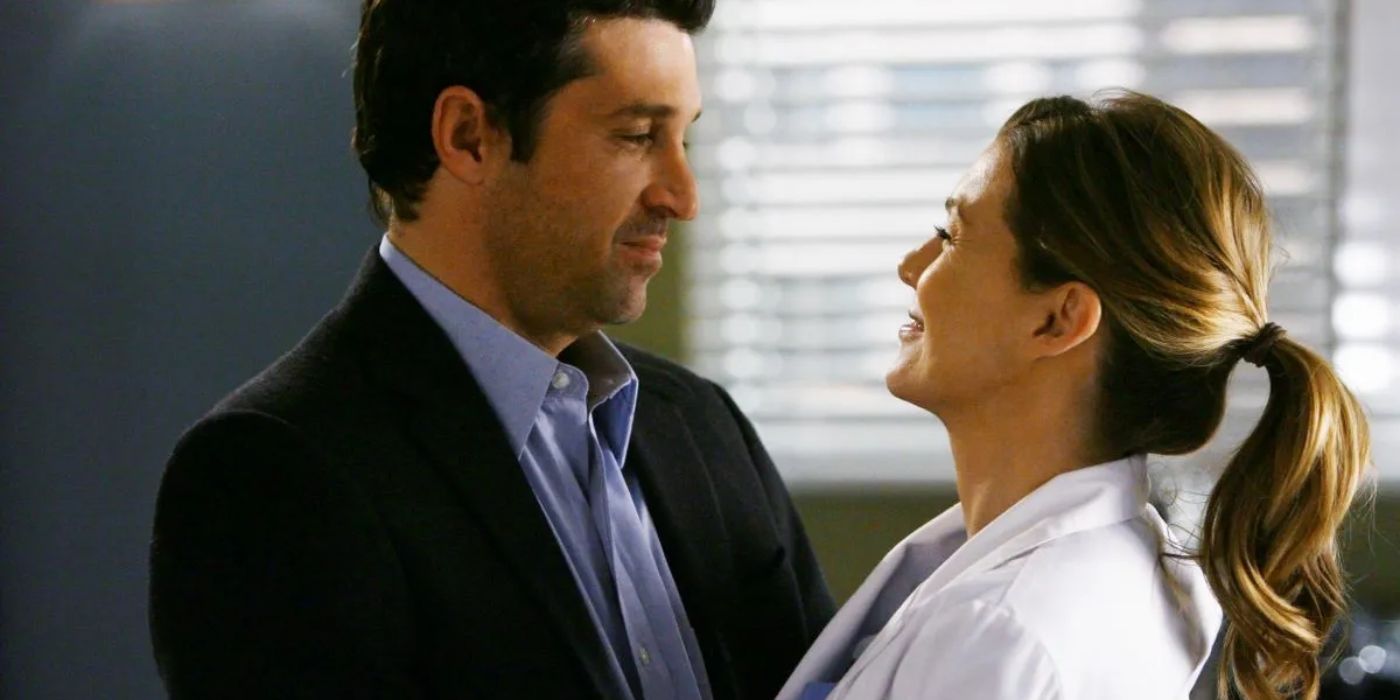 Derek and Meredith smiling on Grey's Anatomy