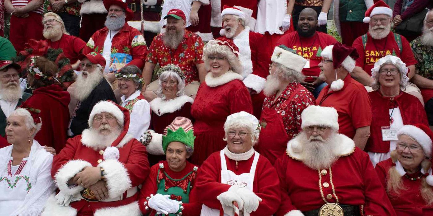 A group photo of several Santas from the Santa Camp documentary on HBO Max