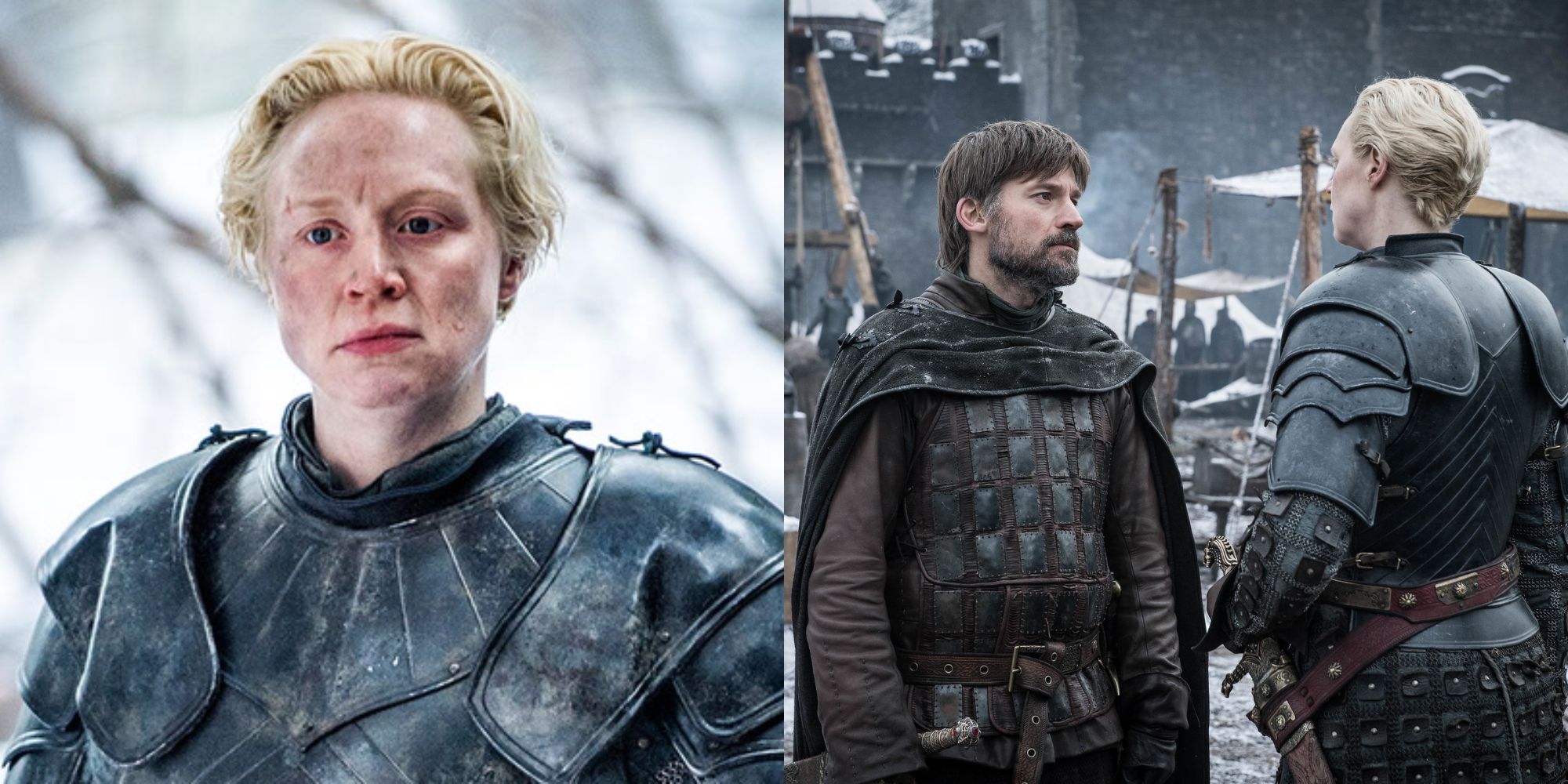 Split image showing Brienne of Tarth alone and with Jaime Lannister in Game of Thrones
