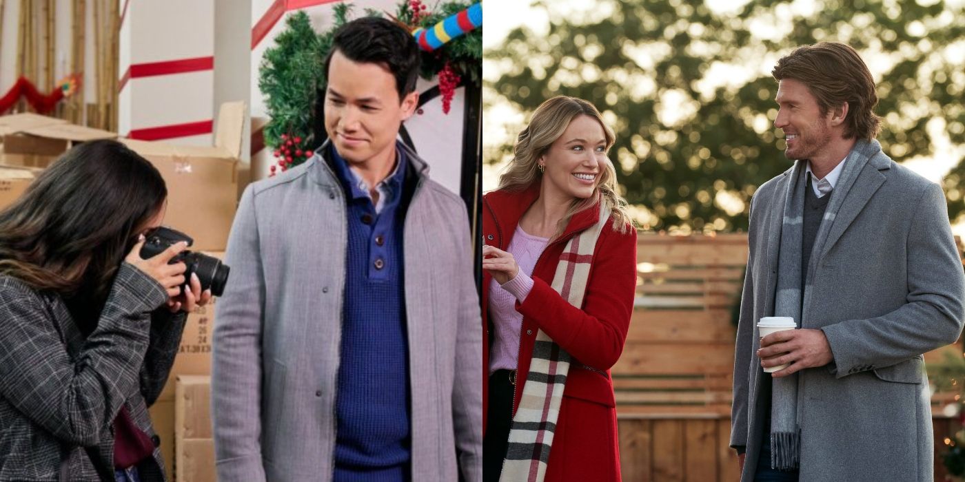 Split image of Liv and Henry in Big Fat Family Christmas and Michelle and Ryan in The Most Colorful Time Of The Year