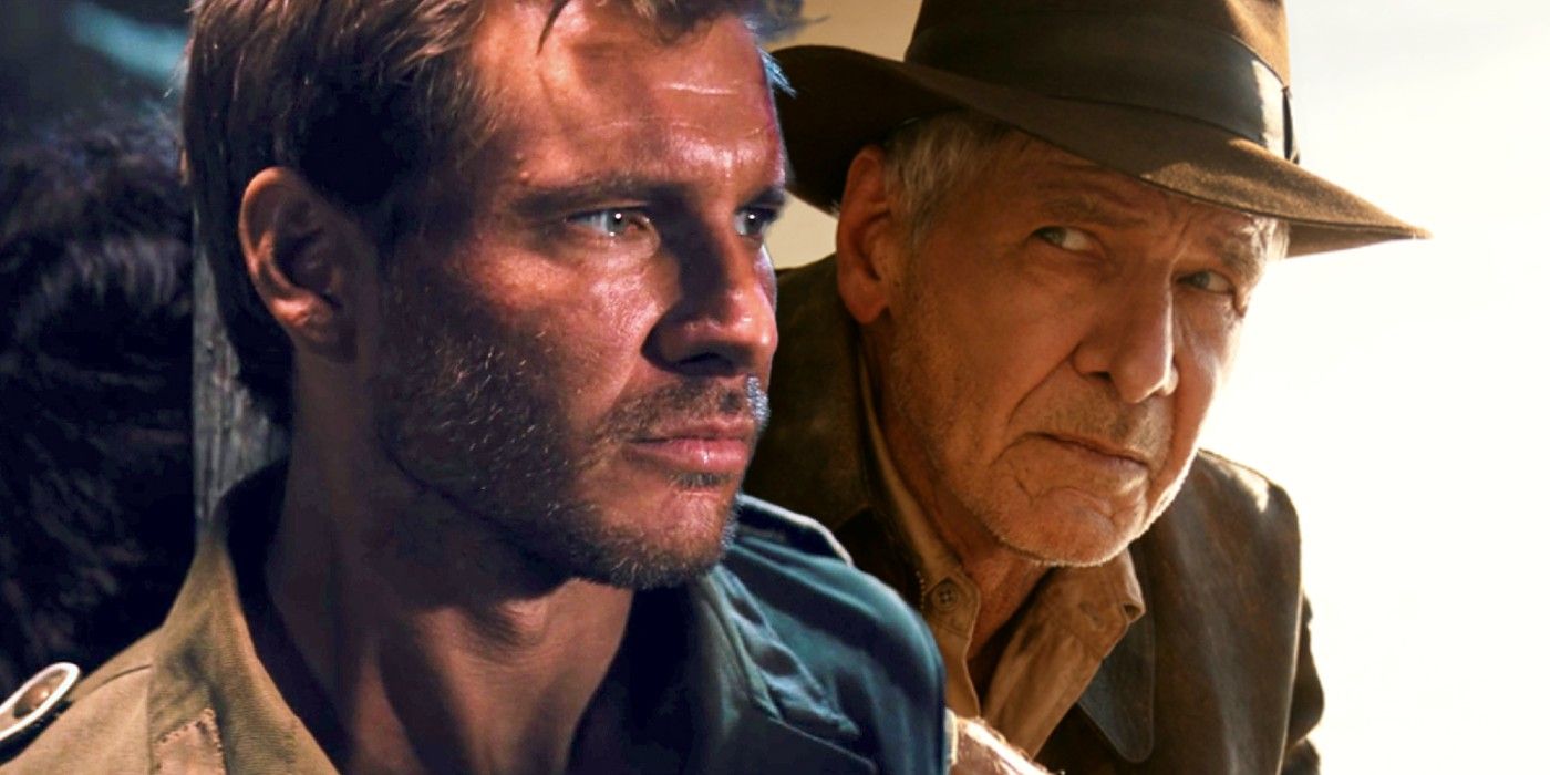 Harrison Ford dans le rôle d'Indiana Jones dans Les aventuriers de l'arche perdue superposé à Ford dans Indiana Jones 5