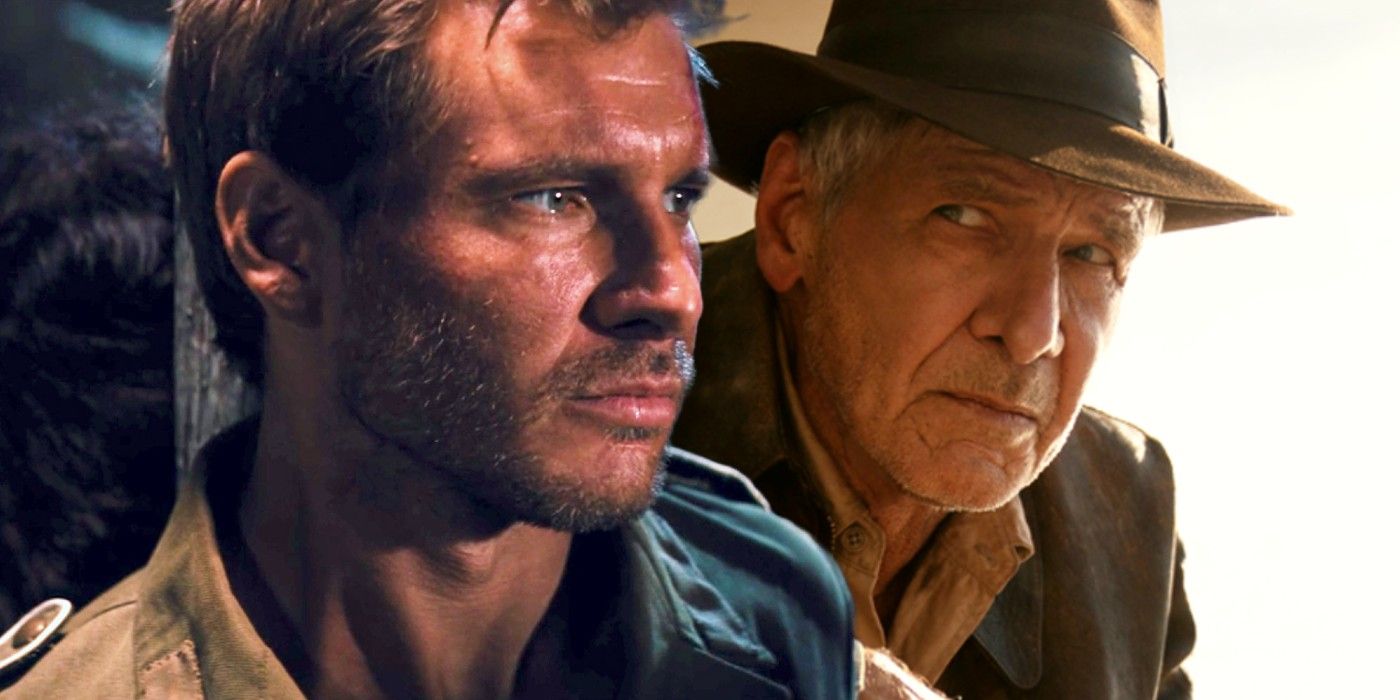 Harrison Ford como Indiana Jones em Caçadores da Arca Perdida sobreposto a Ford em Indiana Jones 5