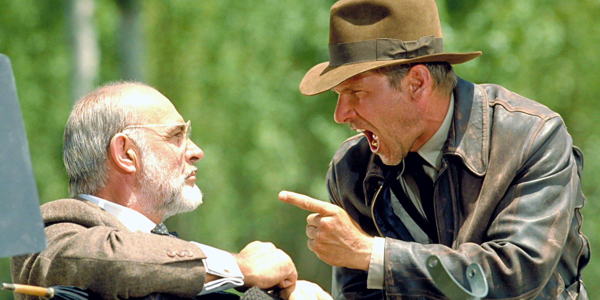 Harrison Ford as Indiana Jones yelling at Sean Connery as Dr Henry Jones in The Last Crusade