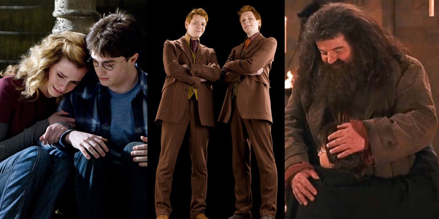 Three vertical images: Hermione crying on Harry's shoulder, Fred and George Weasley wearing a matching brown suit standing side by side, Hagrid hugging Harry in Hogwarts