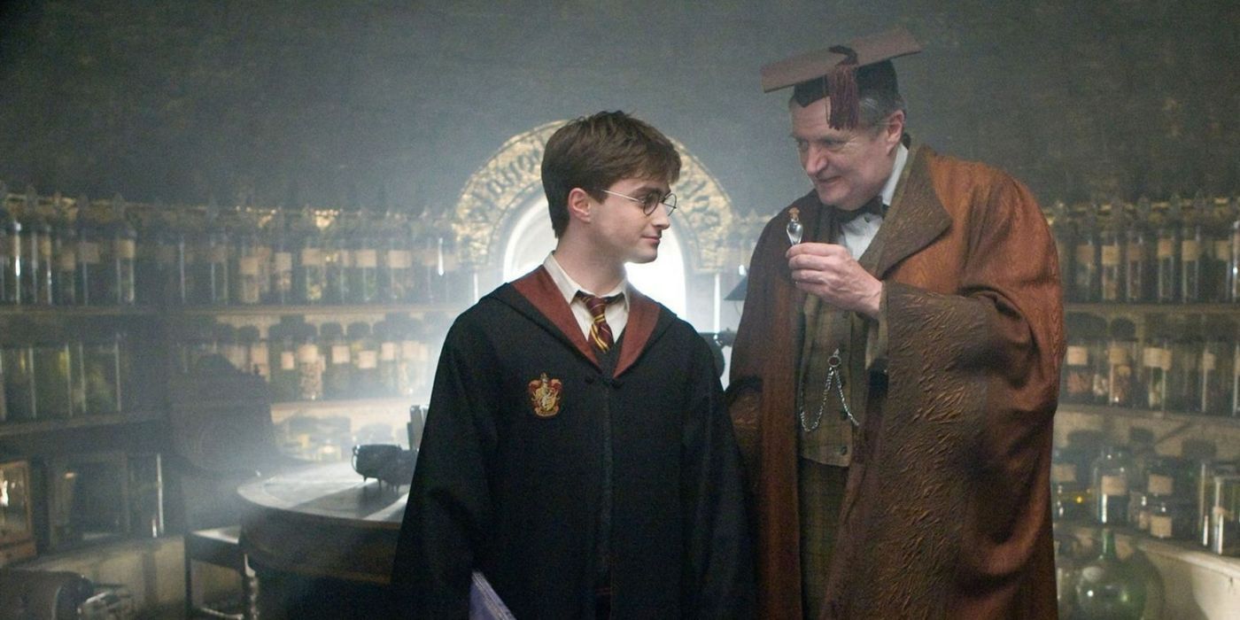 Harry Potter and Horace Slughorn with a potion in Harry Potter and the Half-Blood Prince