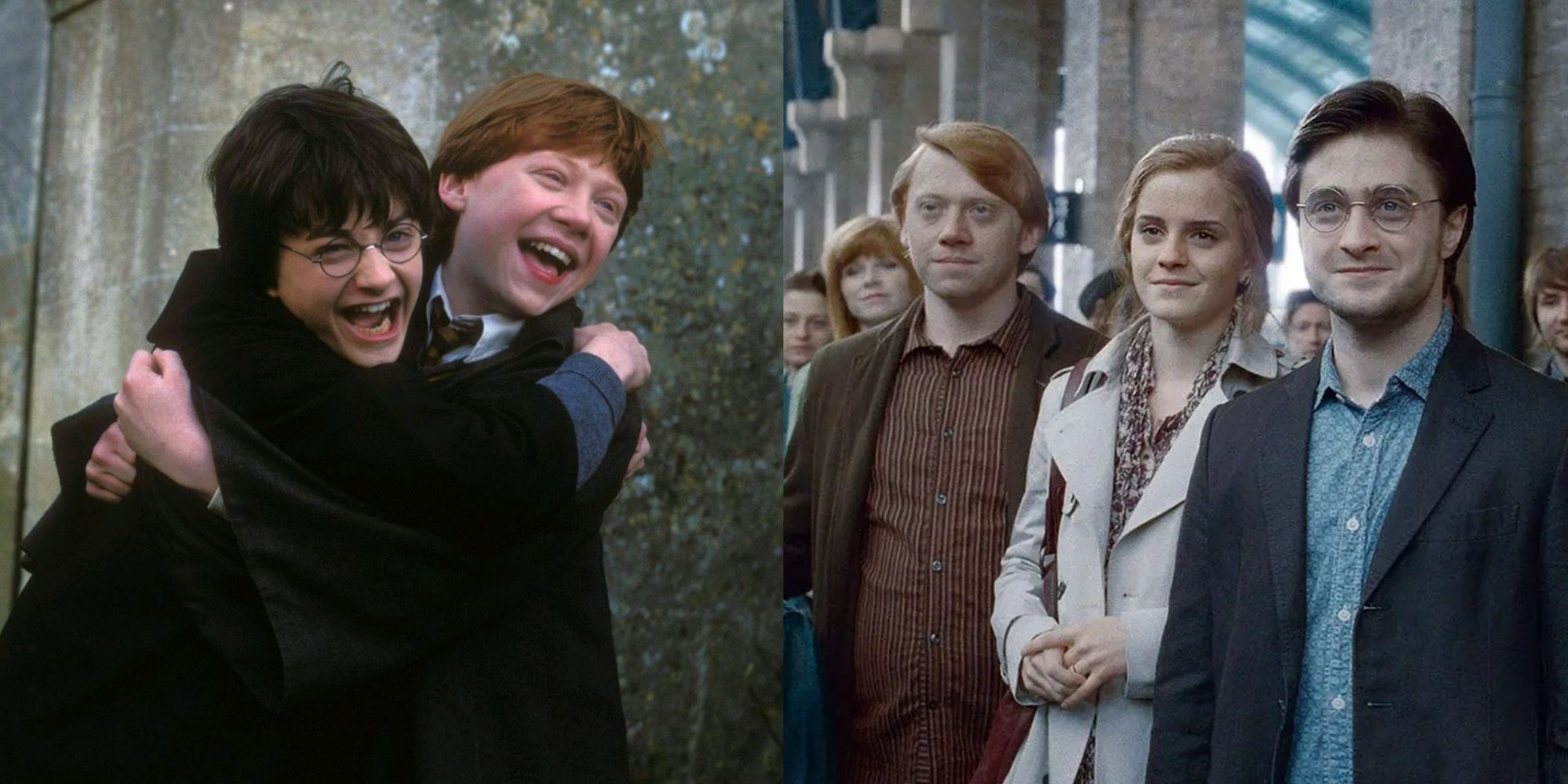 A split image showing Harry and Ron hugging on the left and the older Harry, Ron, and Hermione standing together on the right from Harry Potter. 