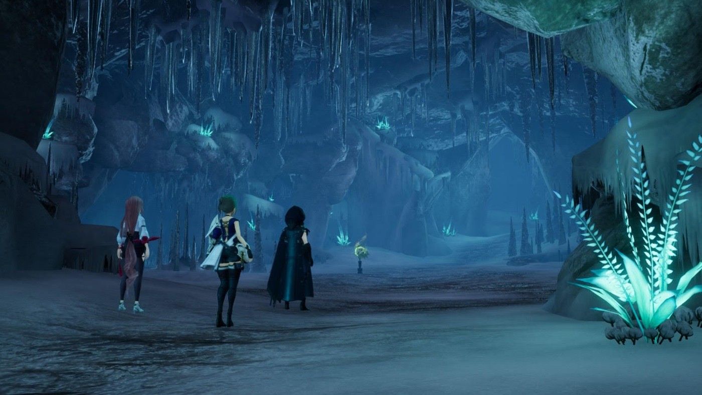 3 Harvestella characters entering a glowing cave interior.