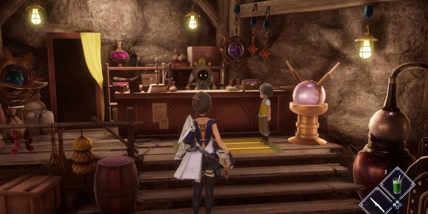 Harvestella's Conellu Merchant store interior with him behind a counter.