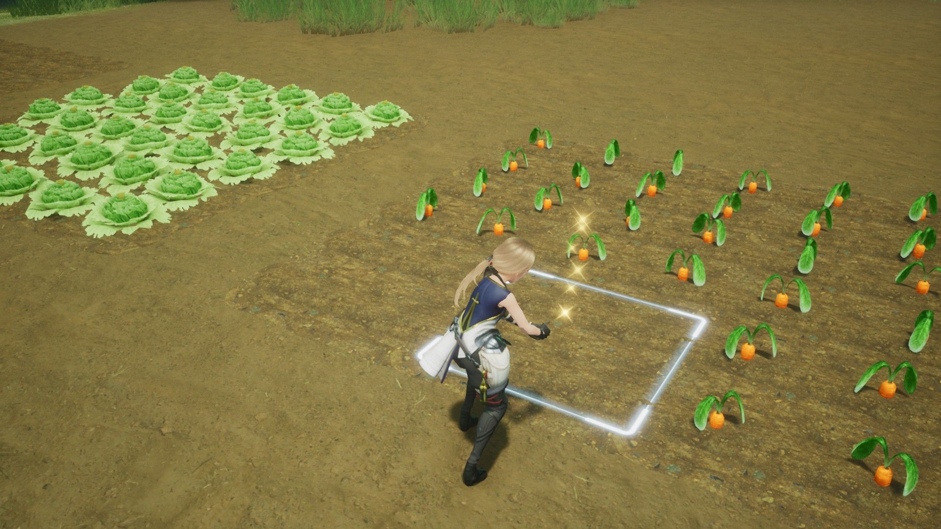 Harvestella protagonist harvesting crops in a field.