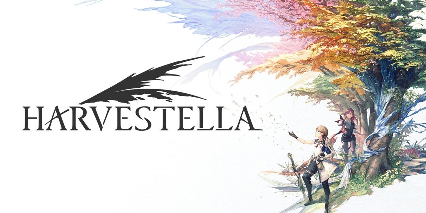 Harvestella Key Art with title text and the protagonist with character Aria under a tree.