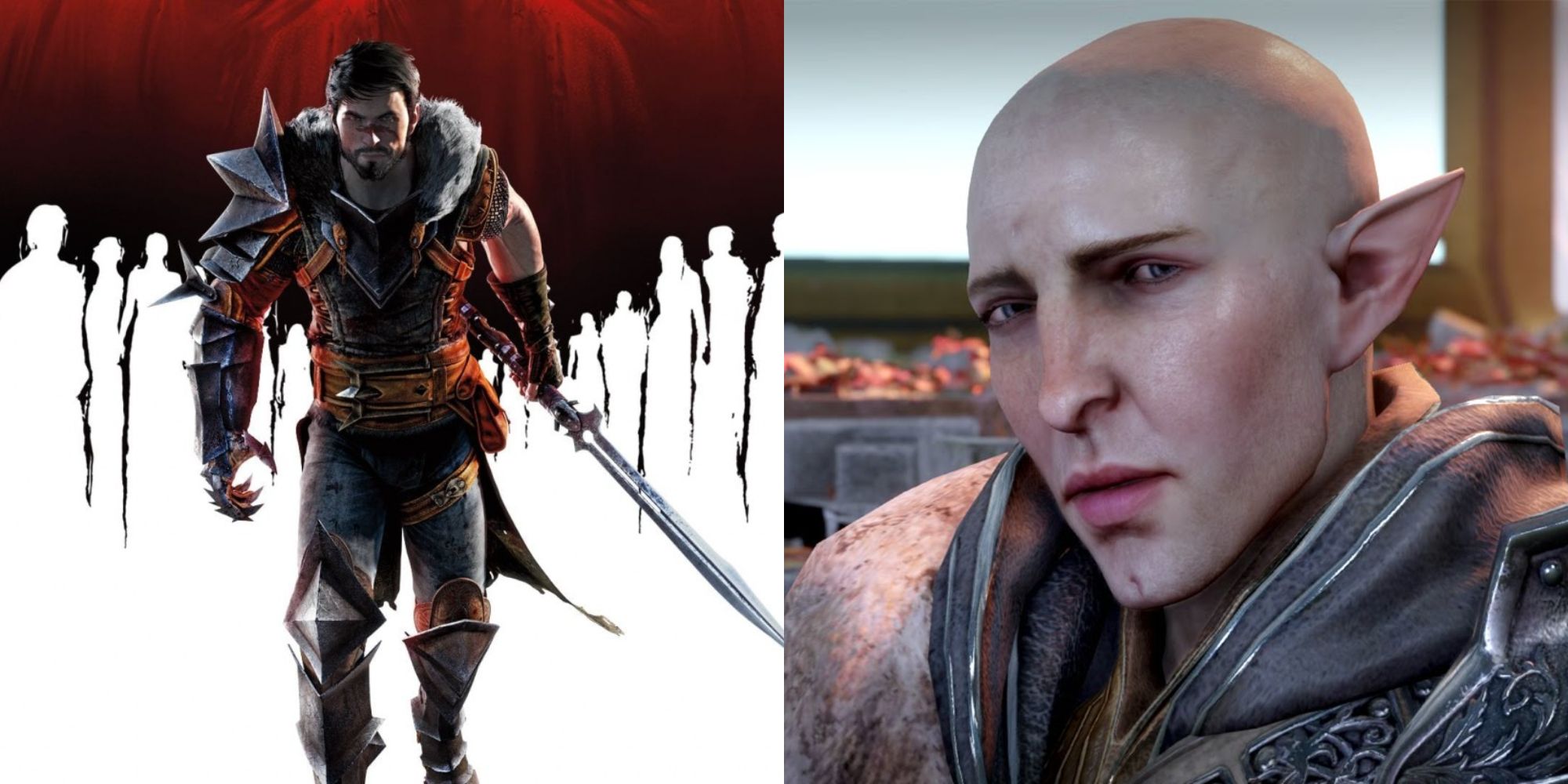 Split image showing Hawke in Dragon Age II and Solas in Dragon Age Inquisition.