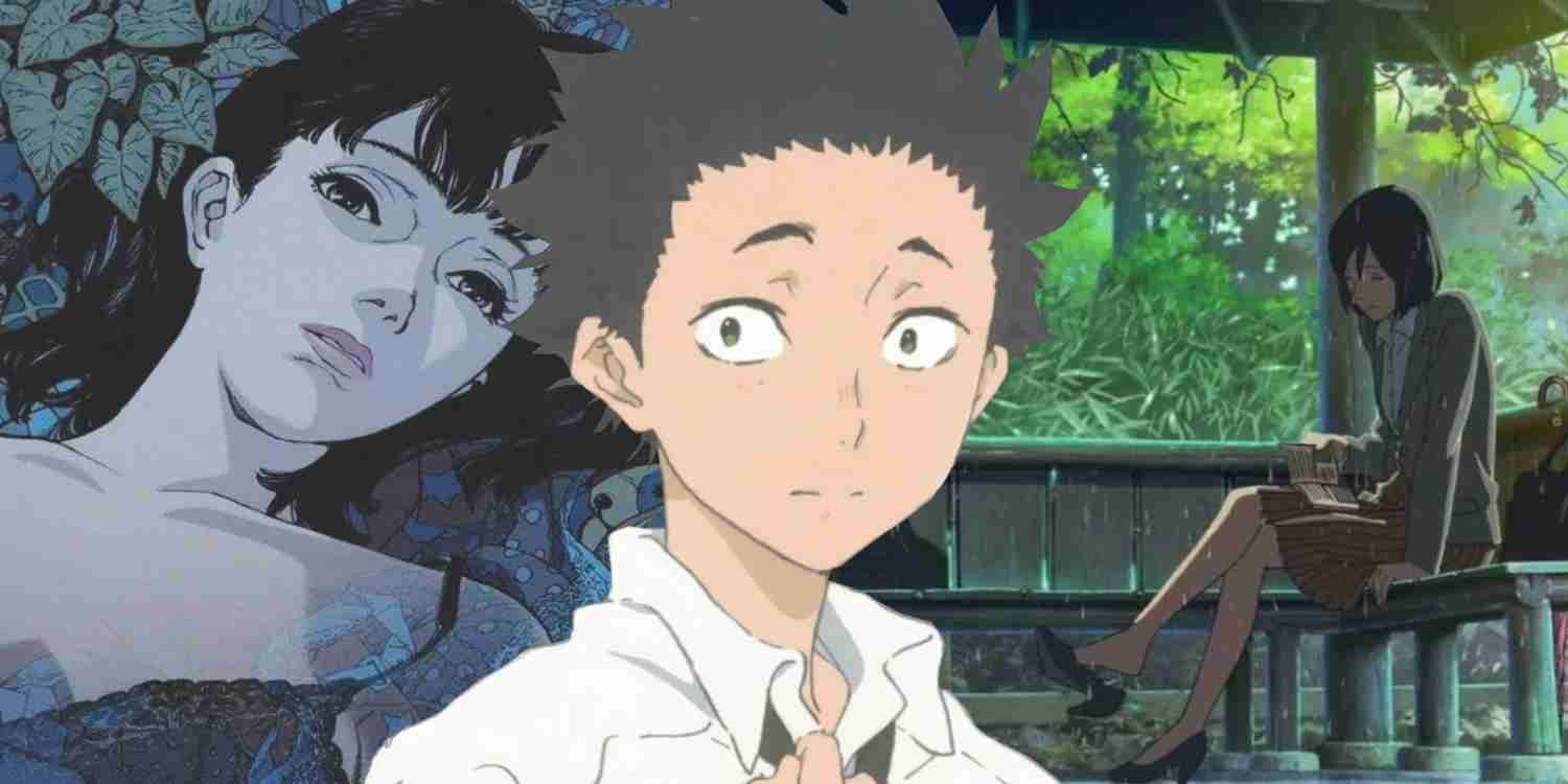 The protagonist from A Silent Voice stands in front of two other sad anime movies.