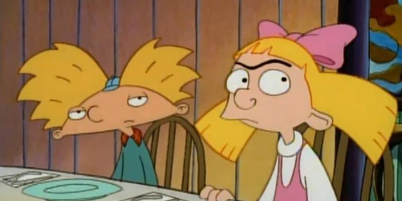 Helga and Arnold at a dinner table for Thanksgiving looking upset on Hey Arnold!