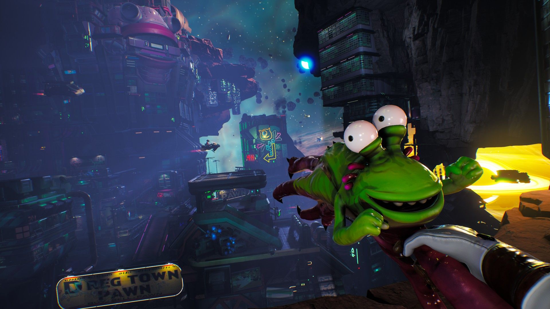 High on Life's Dreg Town city, avec le joueur tenant un pistolet extraterrestre en forme de grenouille à la première personne.