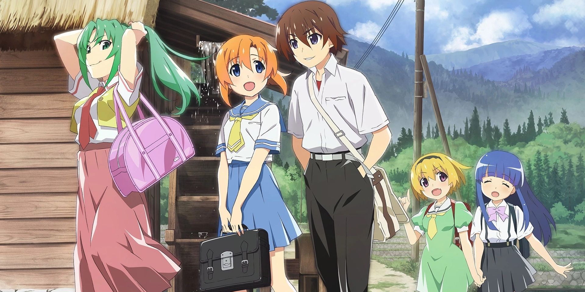 The main cast of Higurashi When They Cry on their way to school.