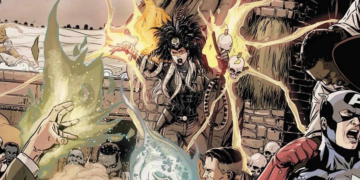 Hilda Von Hate atacando os Vingadores na Marvel Comics.