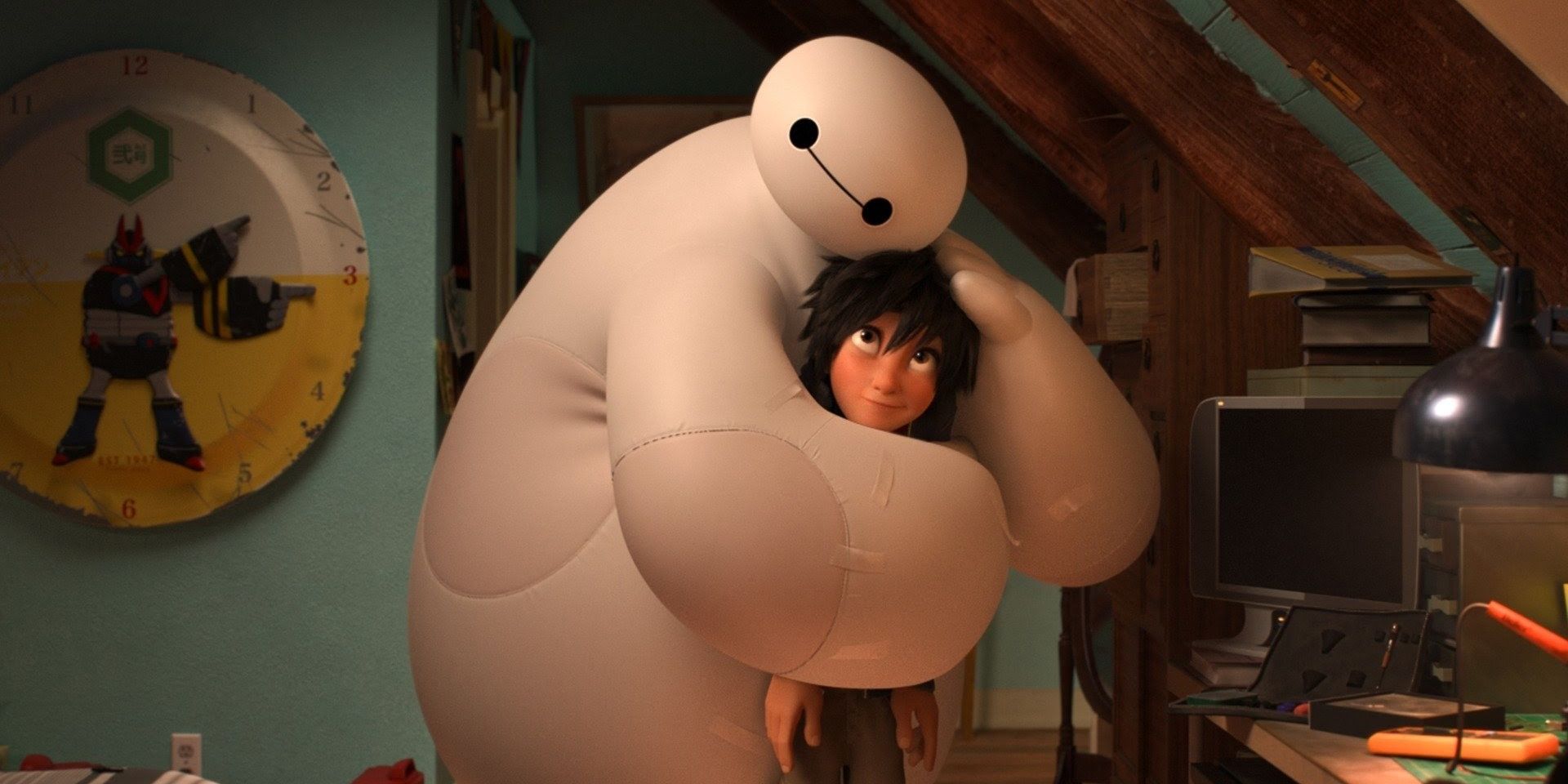 Hiro is hugged by Baymax in Big Hero 6 