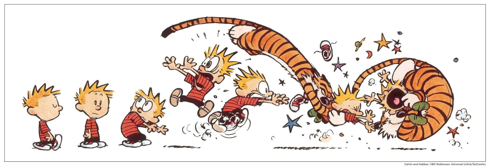 Calvin and Hobbes strip of Hobbes tackling a panicking calvin.