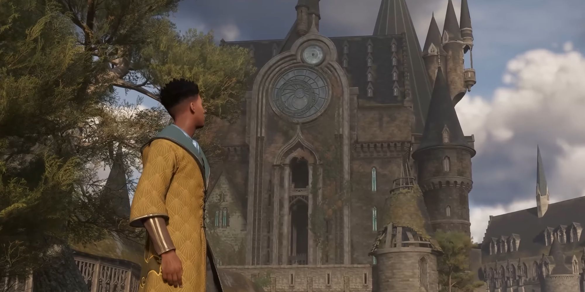 ตัวละคร Hogwarts Legacy ยืนอยู่บริเวณโรงเรียนมองดูปราสาท