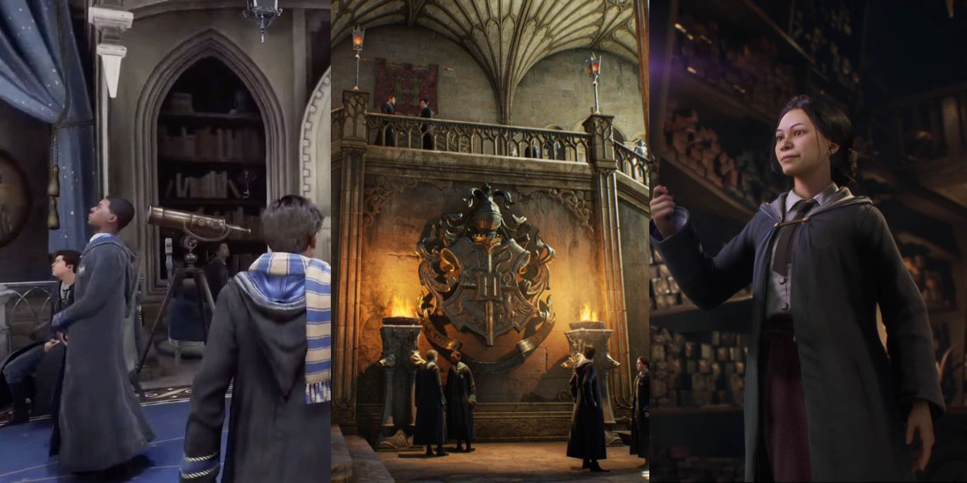 Three vertical images from Hogwarts Legacy: students in Ravenclaw, entrance hall, student holding wand