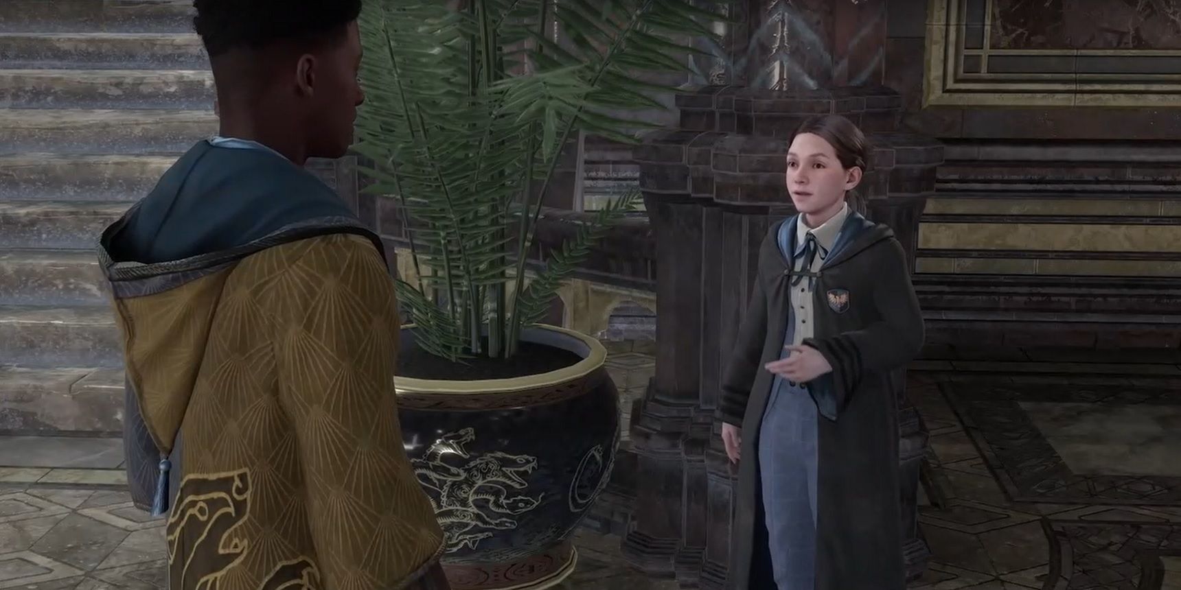 ตัวละครผู้เล่น Hogwarts Legacy พูดคุยกับ NPC ชื่อ Zenobia