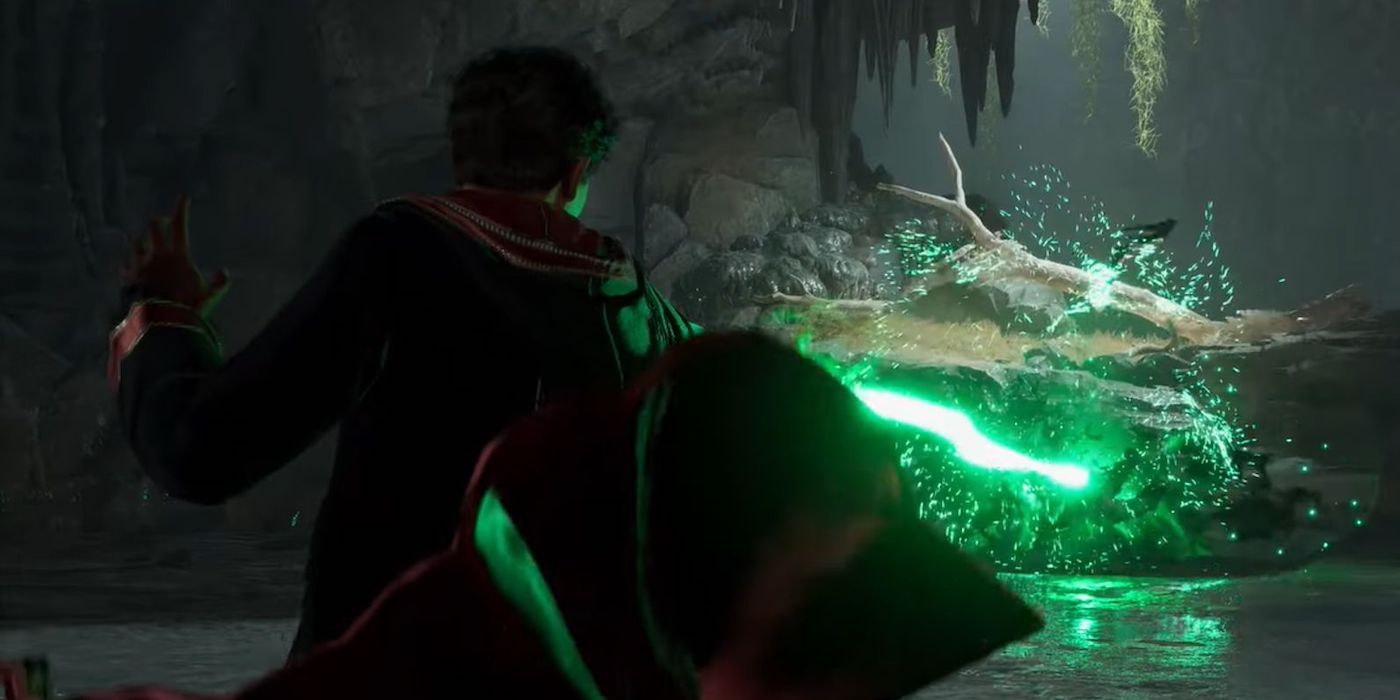 Um personagem do Legado de Hogwarts em uma caverna escura dispara um feitiço verde que parece ser magia negra