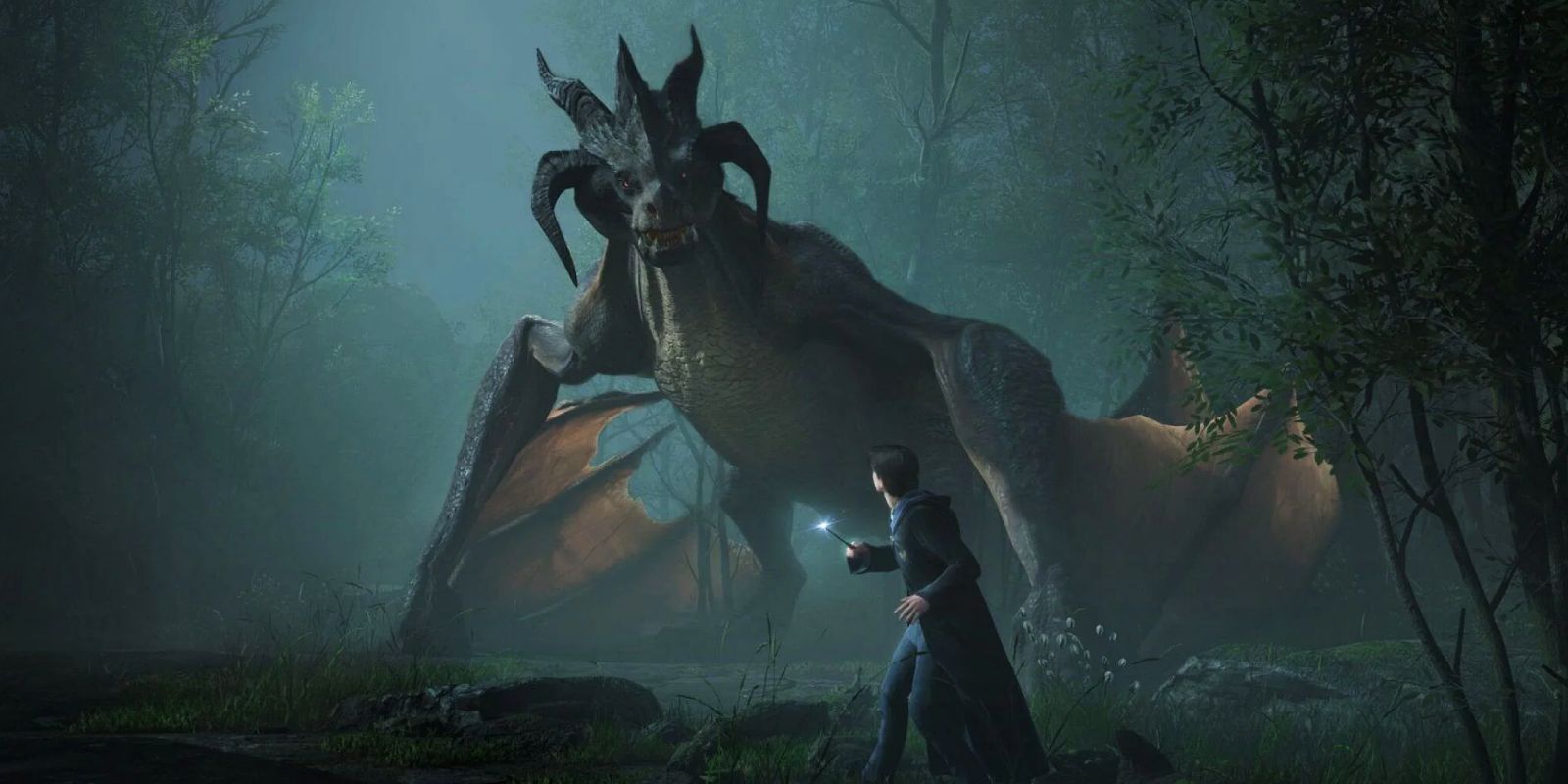 Hogwarts Legacy's protagonist standing off against a dragon in the Forbidden Forest.