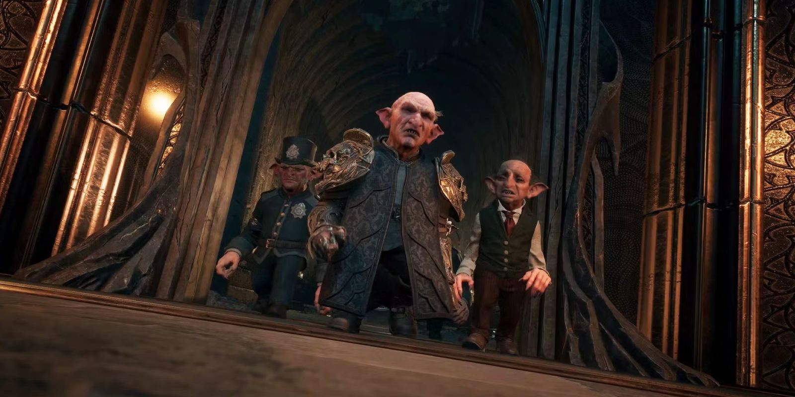 A low-angle shot showing three goblins standing together in a group in Hogwarts Legacy, with Ranrok the leader of the Goblin Rebellion in front.