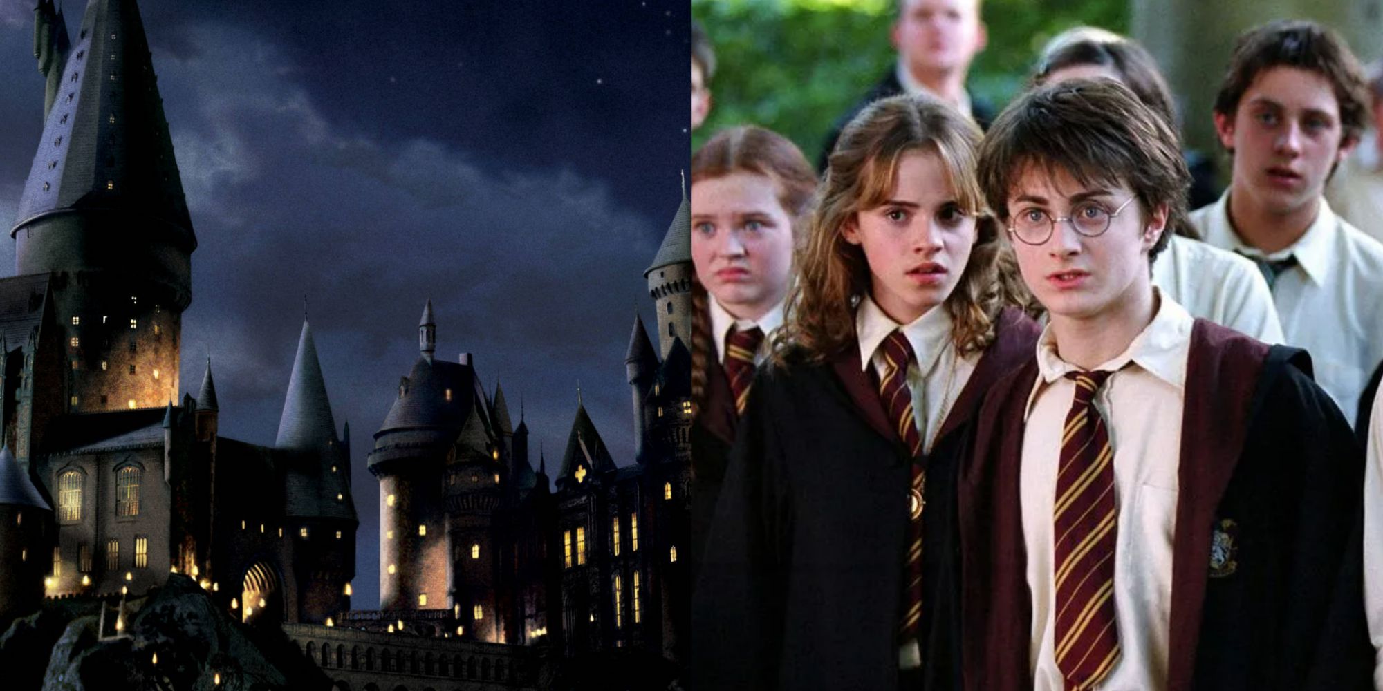 A split image showing Hogwarts Castle on the left and Hogwarts students on the right from Harry Potter. 
