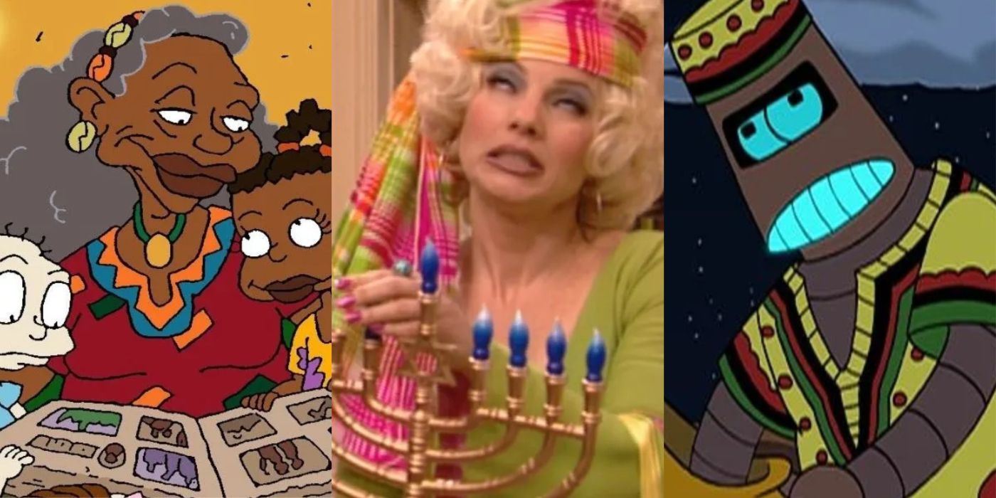 Suzie with her grandmother and Tommy in Rugrats, Fran setting up an menorah in The Nanny, and the Kwanzaabot in Futurama. 