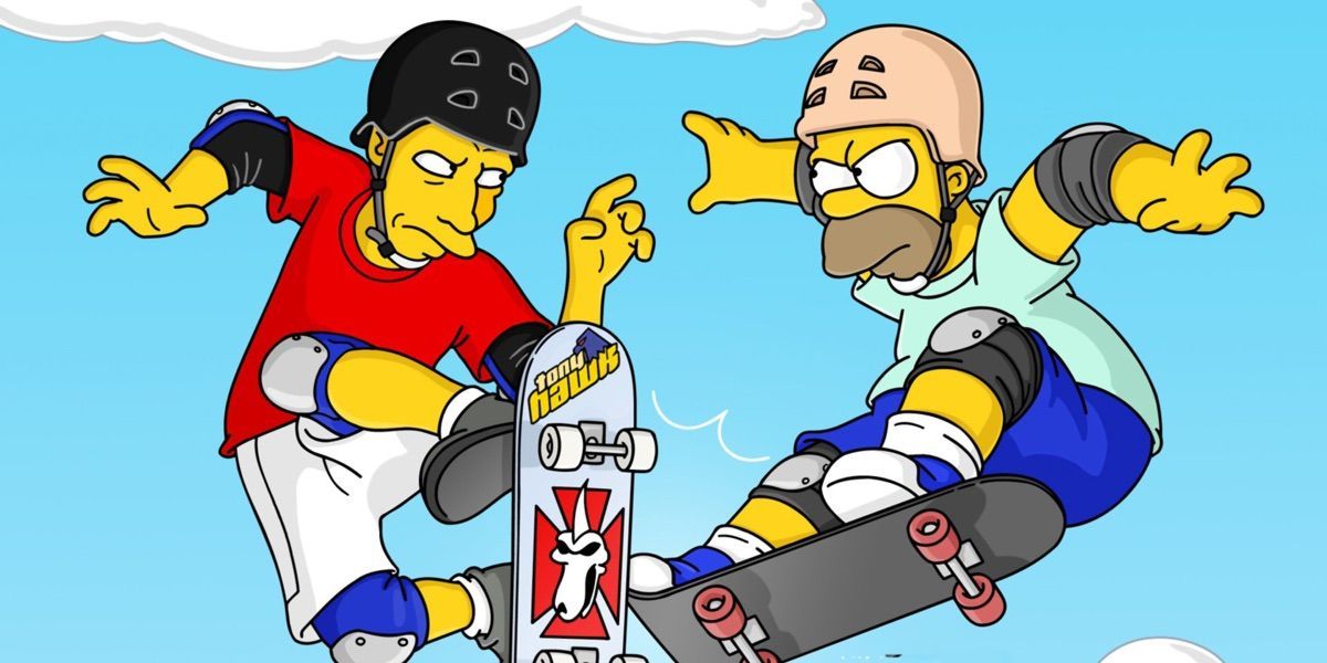 Homer Simpson e Tony Hawk lutam no ar em skates