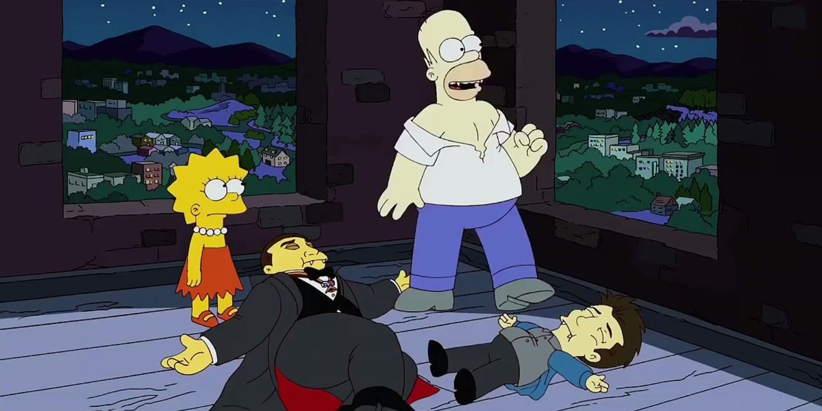 O vampiro Homer Simpson comemora os cadáveres de Drácula e Edward do crepúsculo enquanto Lisa observa.