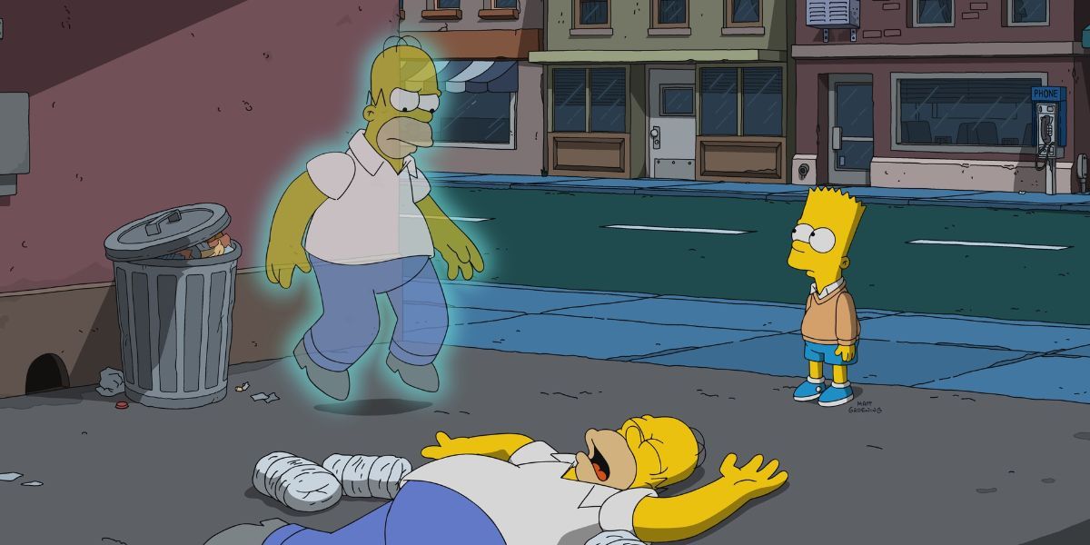 O fantasma de Homer Simpson parece zangado com o cadáver de Homer enquanto o bart vivo observa