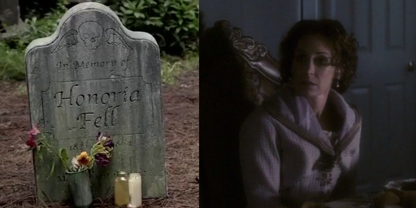 Imagem dividida do túmulo de Honoria Fell e uma imagem de Honoria Fell de The Vampire Diaries
