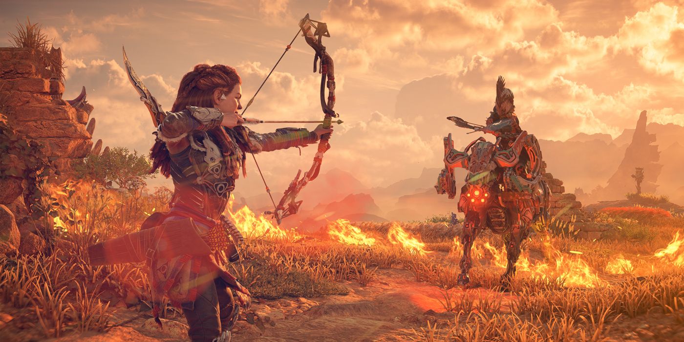 Aloy drawing back her bow in Horizon Forbidden West and preparing to shoot a Tenakth Rebel on a Charger