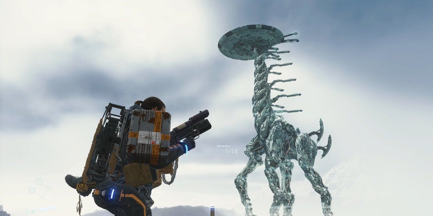 A hologram of a Tallneck from Horizon Zero Dawn as a cosmetic in Death Stranding