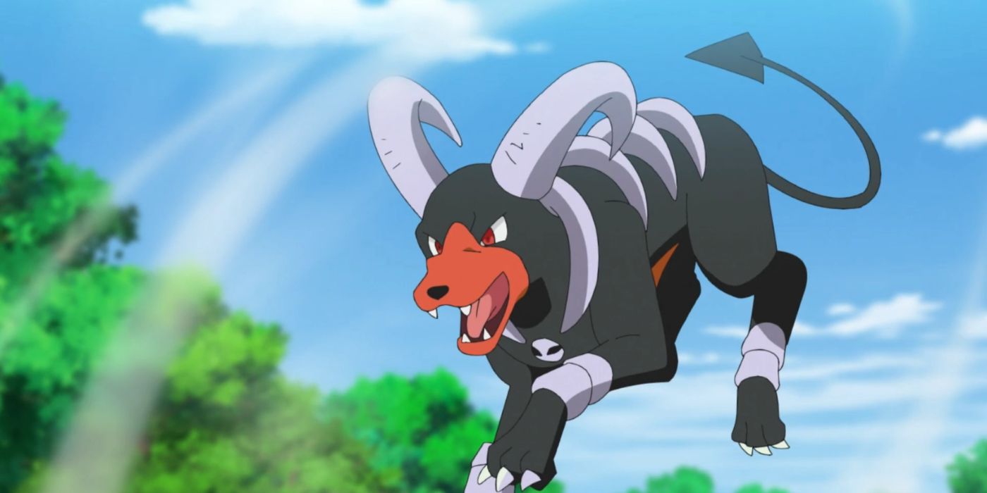 Houndoom rosnando e pulando no ar no anime.