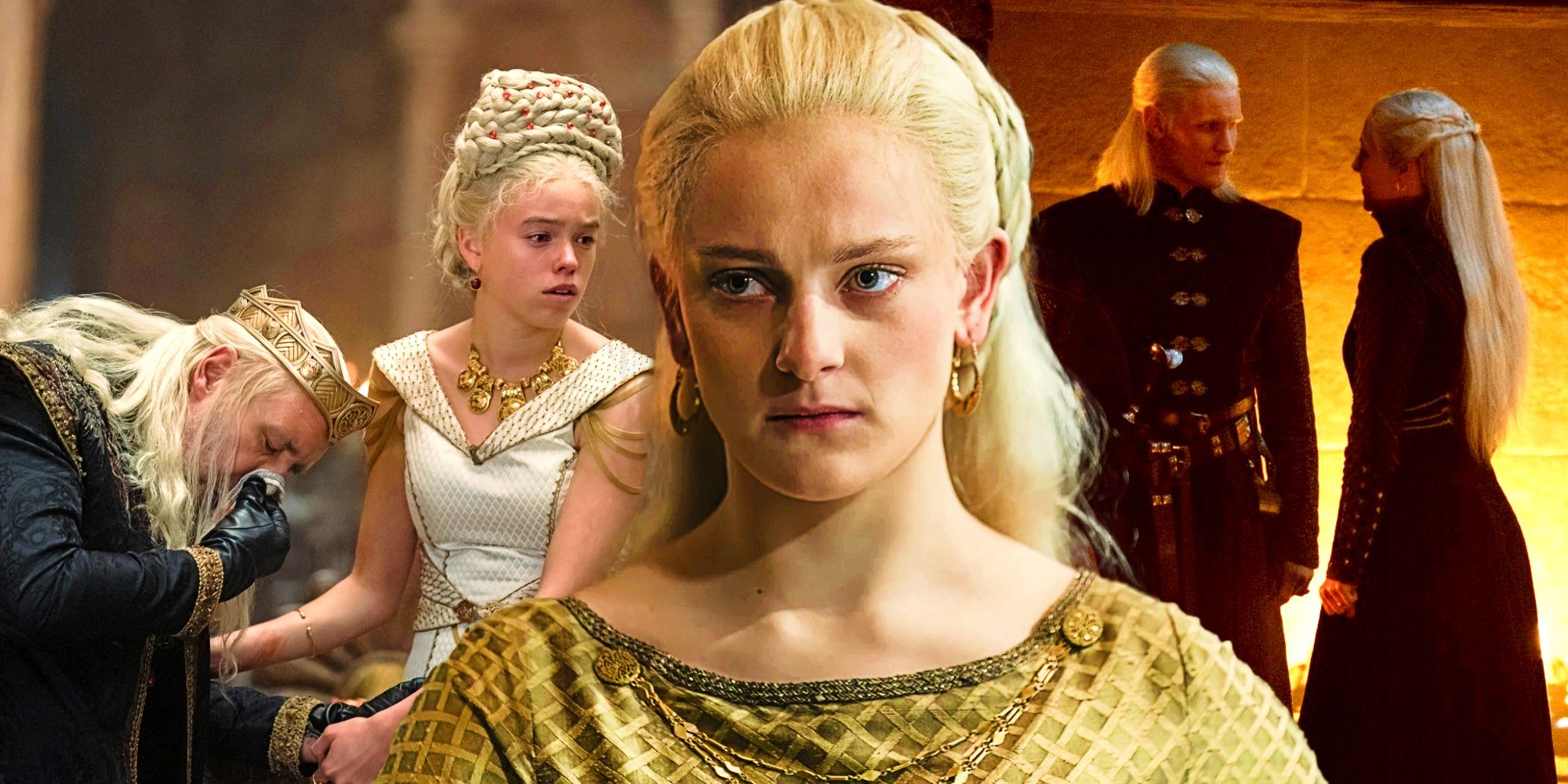 Collage of Rhaenyra comforting Viserys, a closeup of Helaena, and Rhaenyra talking to Daemon in House of the Dragon 