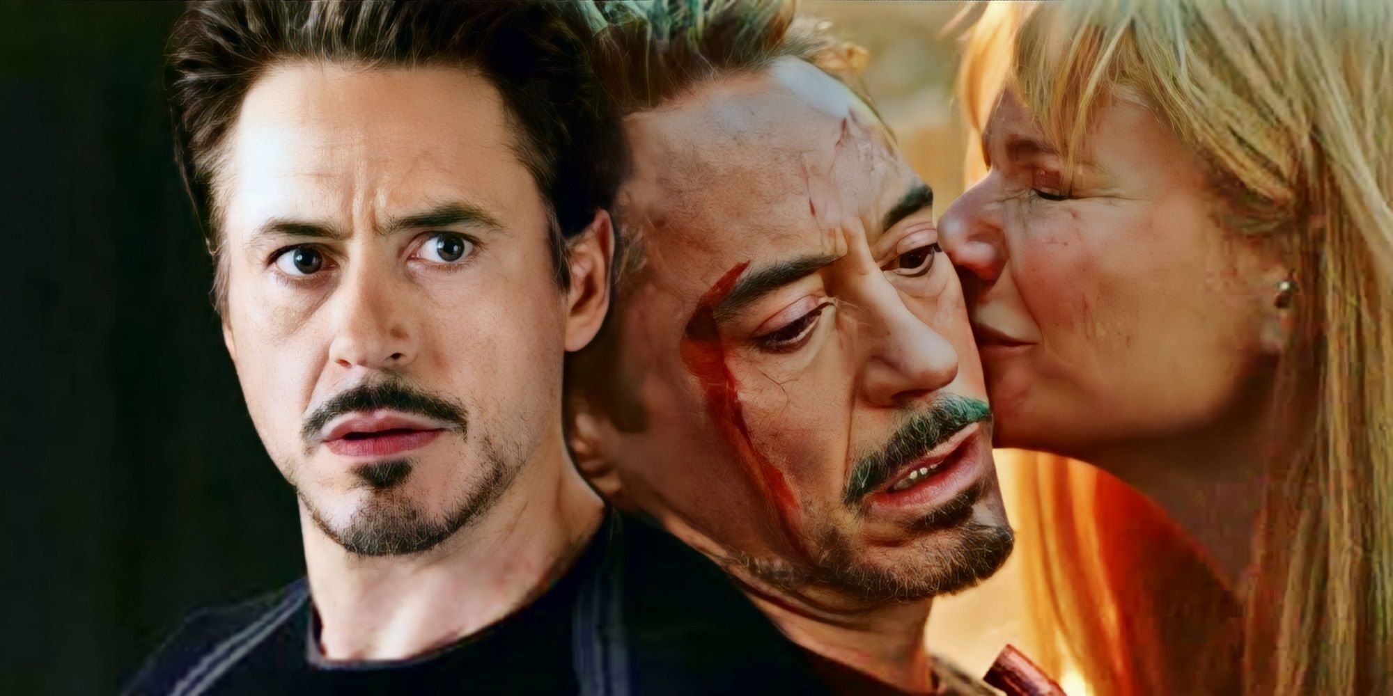 Robert Downey Jr. as Tony Stark/Iron Man in Avengers and Gwyneth Paltrow as Pepper Potts