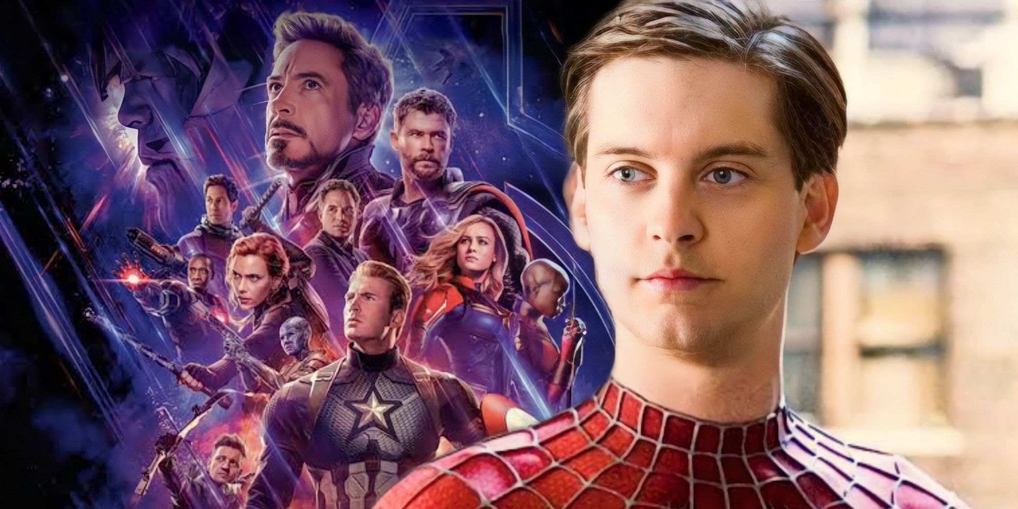 Tobey Maguire in Sam Raimi's Spider-Man and an Avengers: Endgame poster